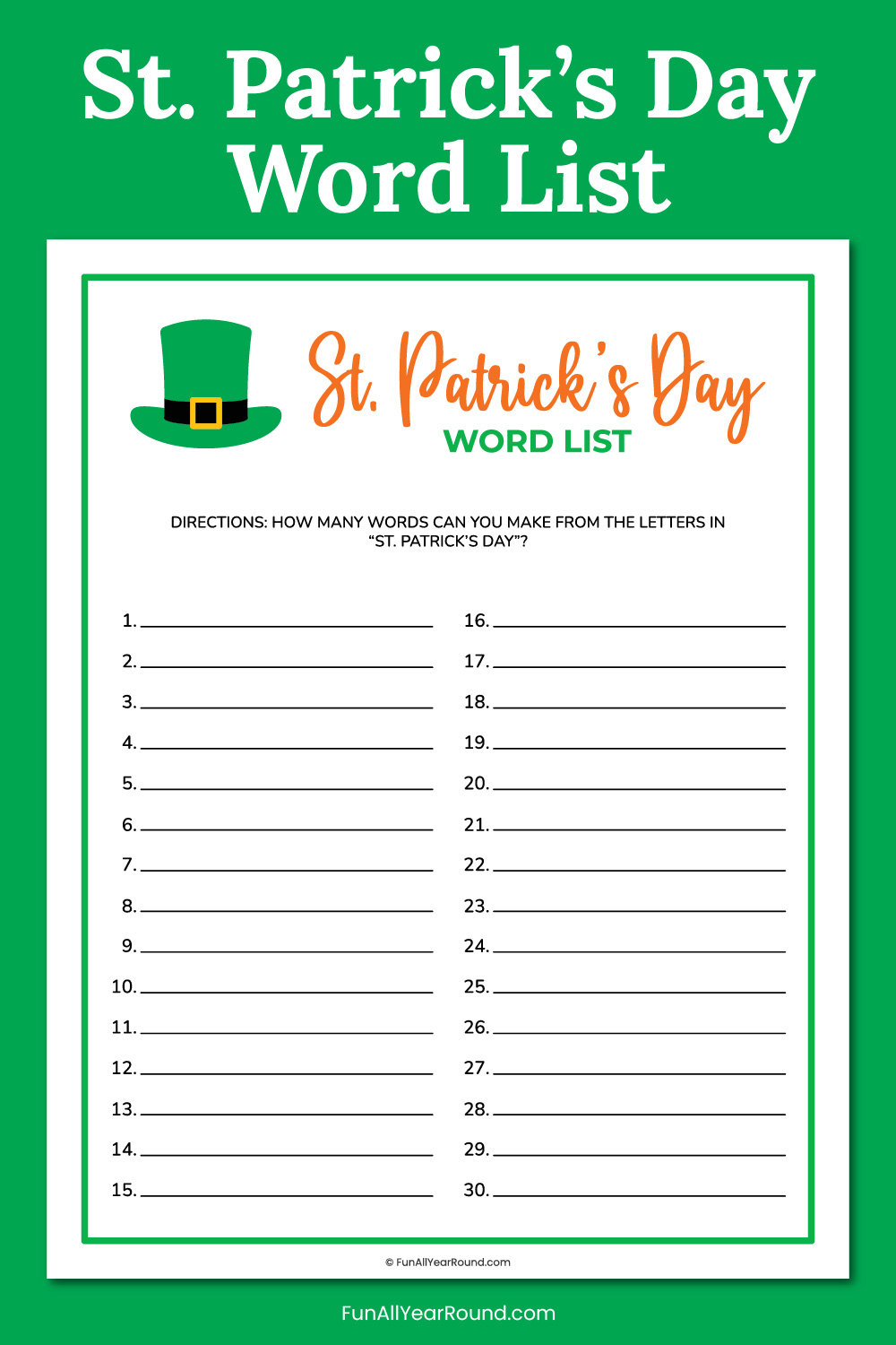 printable St. Patrick's Day word list game