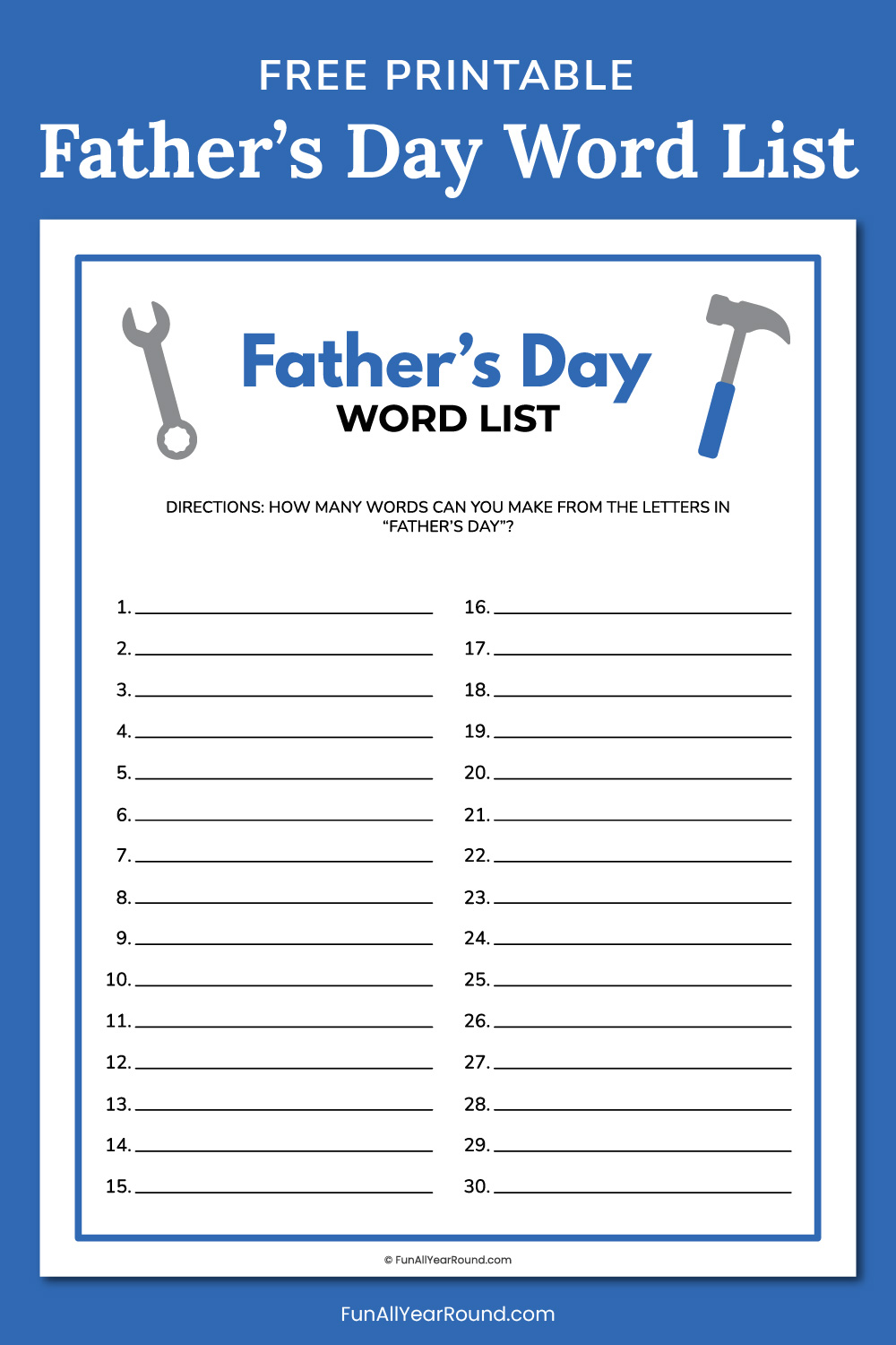 printable Father's Day word list